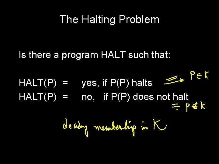 The Halting Problem Is there a program HALT such that: HALT(P) = yes, if