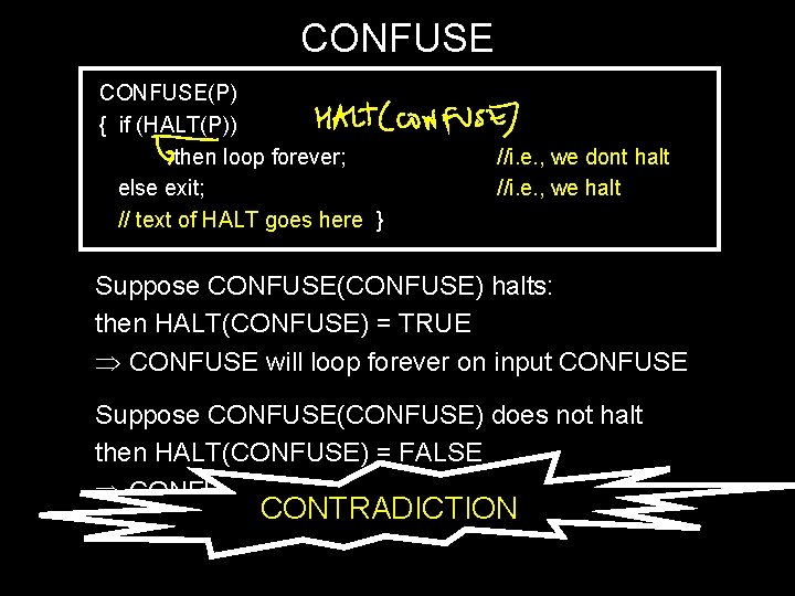 CONFUSE(P) { if (HALT(P)) then loop forever; else exit; // text of HALT goes