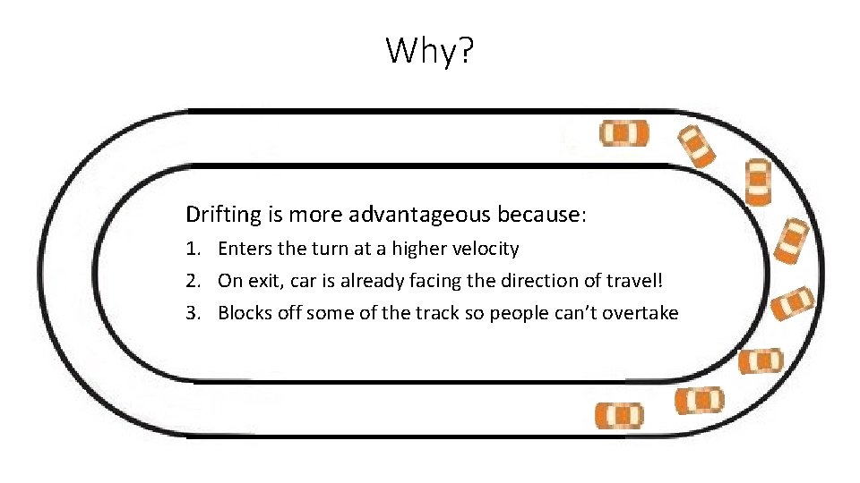 Why? Drifting is more advantageous because: 1. Enters the turn at a higher velocity