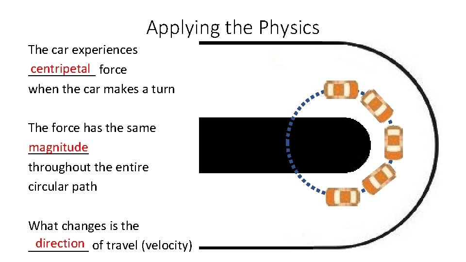 Applying the Physics The car experiences centripetal _____ force when the car makes a