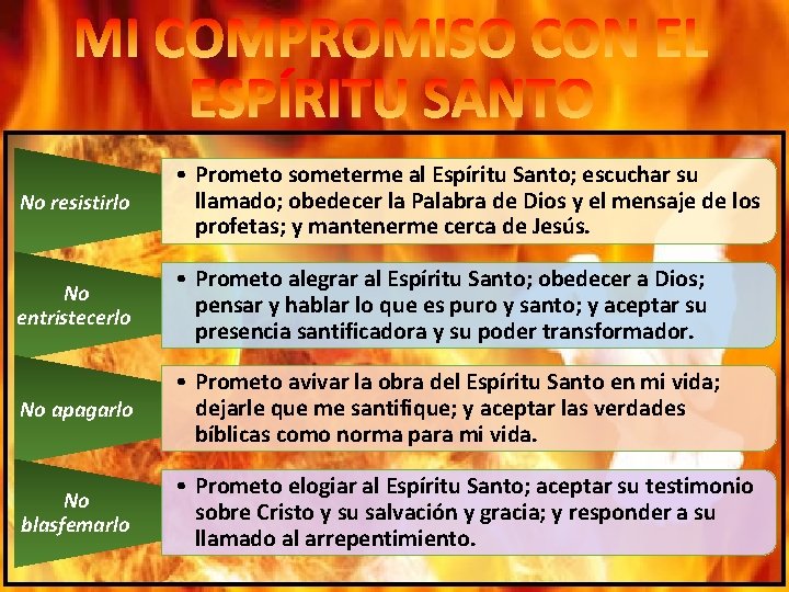 No resistirlo • Prometo someterme al Espíritu Santo; escuchar su llamado; obedecer la Palabra No resistirlo • Prometo someterme al Espíritu Santo; escuchar su llamado; obedecer la Palabra