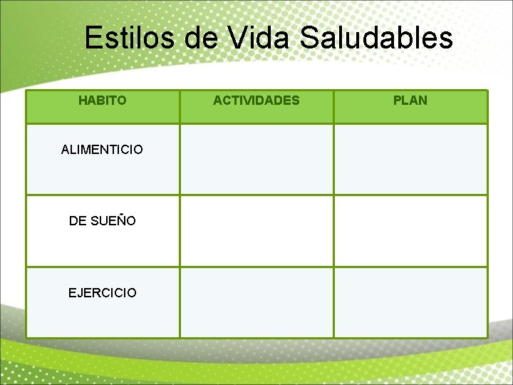 Estilos de Vida Saludables HABITO ALIMENTICIO DE SUEÑO EJERCICIO ACTIVIDADES PLAN 