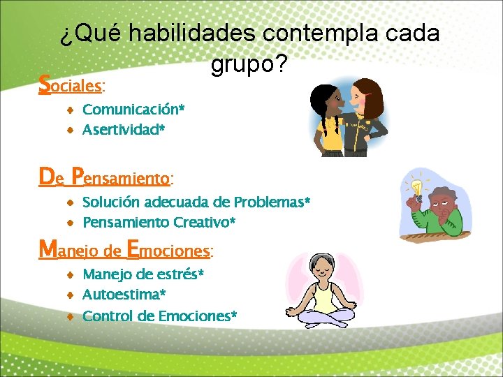¿Qué habilidades contempla cada grupo? Sociales: Comunicación* Asertividad* De Pensamiento: Solución adecuada de Problemas*