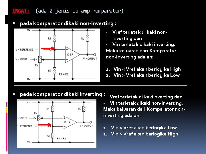 INGAT: (ada 2 jenis op-amp komparator) pada komparator dikaki non-inverting : - Vref terletak