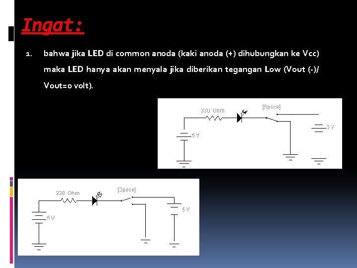 Ingat: 1. bahwa jika LED di common anoda (kaki anoda (+) dihubungkan ke Vcc)