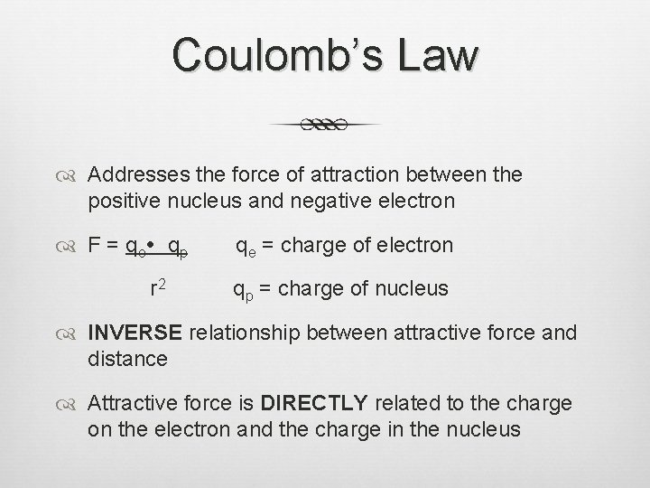 Coulomb’s Law Addresses the force of attraction between the positive nucleus and negative electron