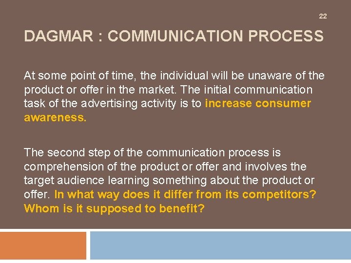 22 DAGMAR : COMMUNICATION PROCESS At some point of time, the individual will be