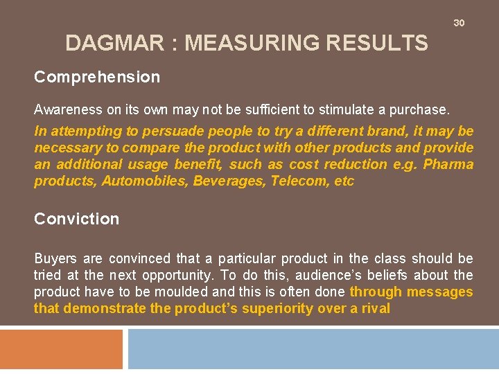 30 DAGMAR : MEASURING RESULTS Comprehension Awareness on its own may not be sufficient