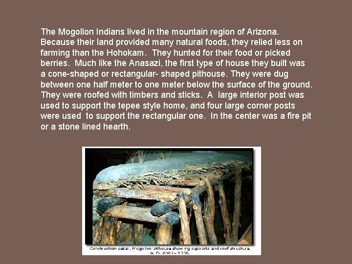 The Mogollon Indians lived in the mountain region of Arizona. Because their land provided