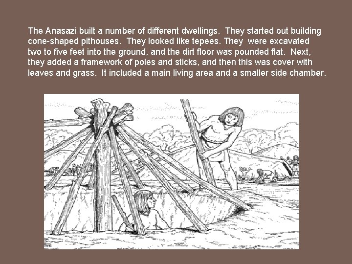 The Anasazi built a number of different dwellings. They started out building cone-shaped pithouses.