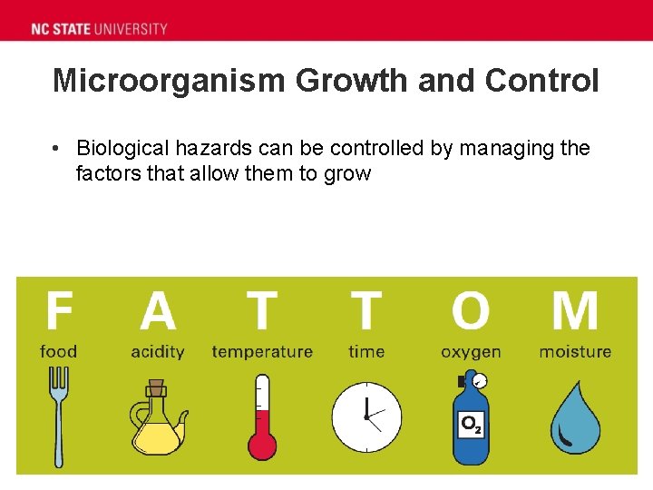 Microorganism Growth and Control • Biological hazards can be controlled by managing the factors