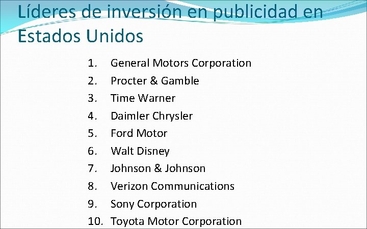 Líderes de inversión en publicidad en Estados Unidos 1. 2. 3. 4. 5. 6.