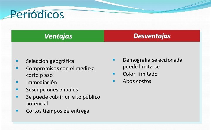 Periódicos Ventajas § § § Selección geográfica Compromisos con el medio a corto plazo