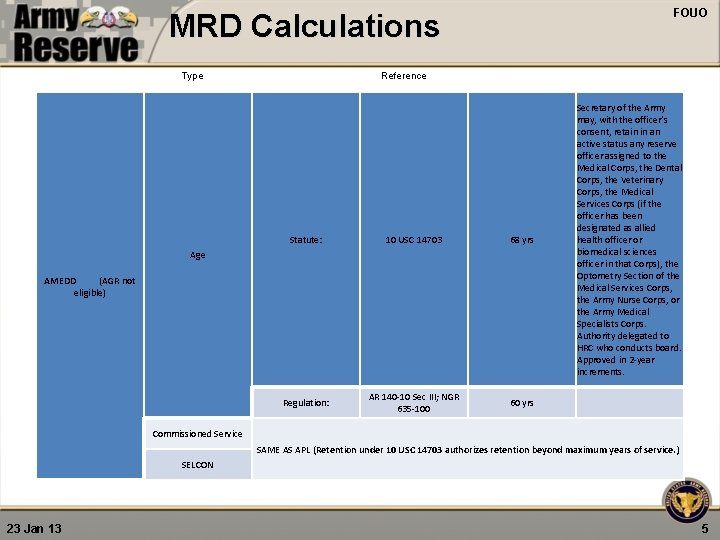 FOUO MRD Calculations Type Reference Statute: 10 USC 14703 68 yrs Regulation: AR 140