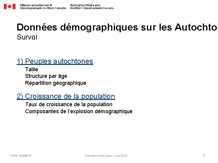 Données démographiques sur les Autochton Survol 1) Peuples autochtones Taille Structure par âge Répartition