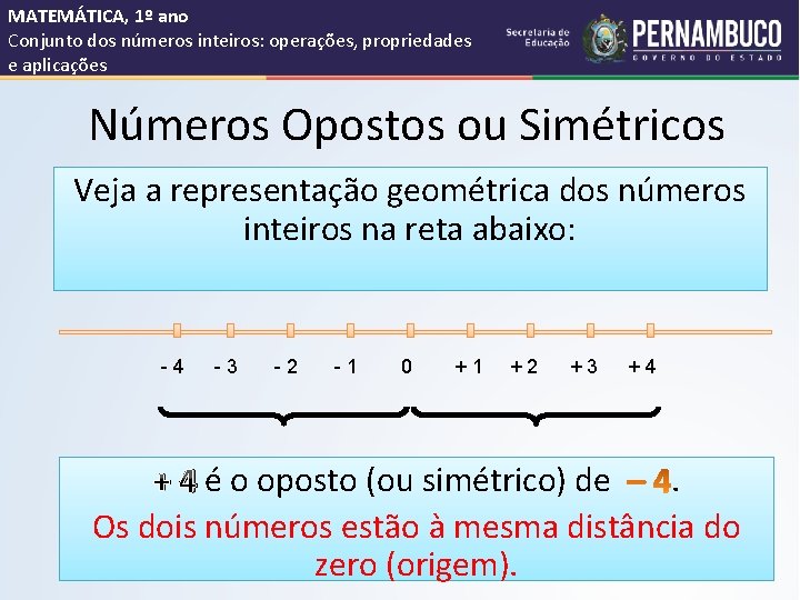 MATEMÁTICA, 1º ano Conjunto dos números inteiros: operações, propriedades e aplicações Números Opostos ou