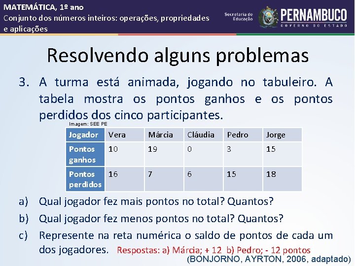 MATEMÁTICA, 1º ano Conjunto dos números inteiros: operações, propriedades e aplicações Resolvendo alguns problemas