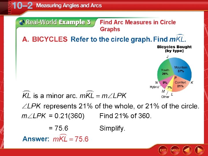 Find Arc Measures in Circle Graphs m LPK = 0. 21(360) = 75. 6 Find Arc Measures in Circle Graphs m LPK = 0. 21(360) = 75. 6