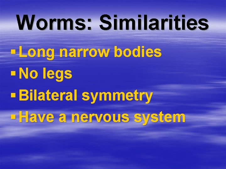 Worms: Similarities § Long narrow bodies § No legs § Bilateral symmetry § Have