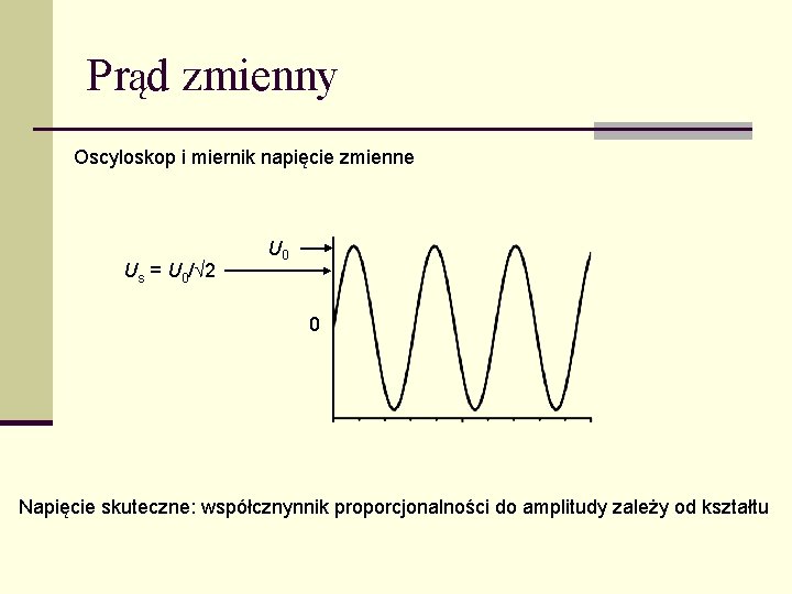 Prąd zmienny Oscyloskop i miernik napięcie zmienne Us = U 0/ 2 U 0