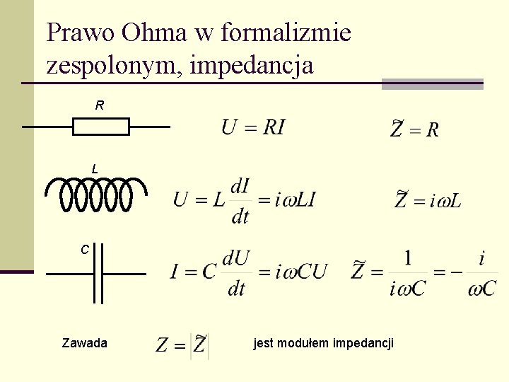 Prawo Ohma w formalizmie zespolonym, impedancja R L C Zawada jest modułem impedancji 