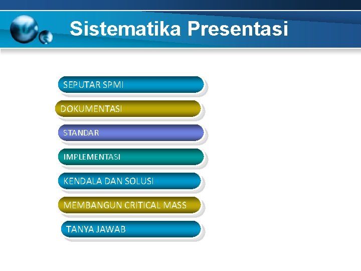 Sistematika Presentasi SEPUTAR SPMI DOKUMENTASI STANDAR IMPLEMENTASI KENDALA DAN SOLUSI MEMBANGUN CRITICAL MASS TANYA