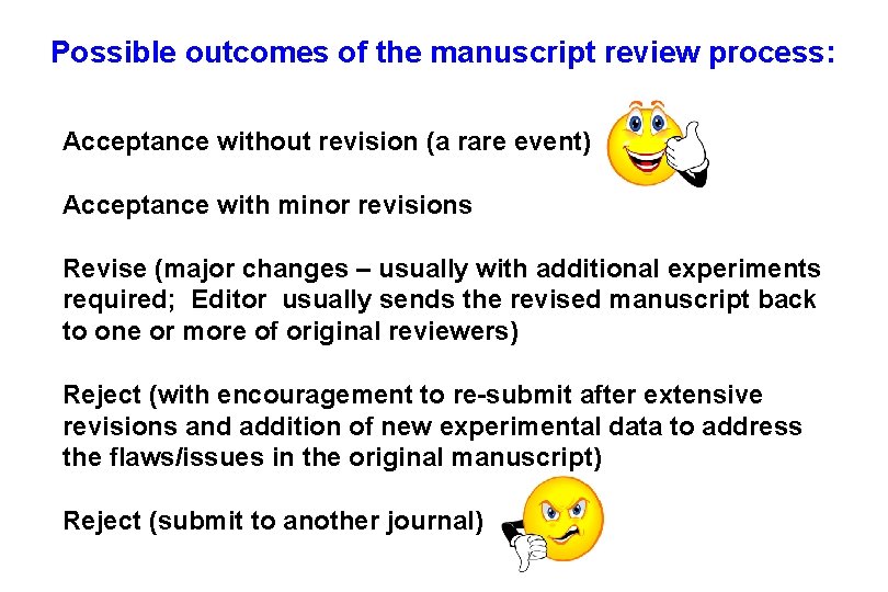Possible outcomes of the manuscript review process: Acceptance without revision (a rare event) Acceptance