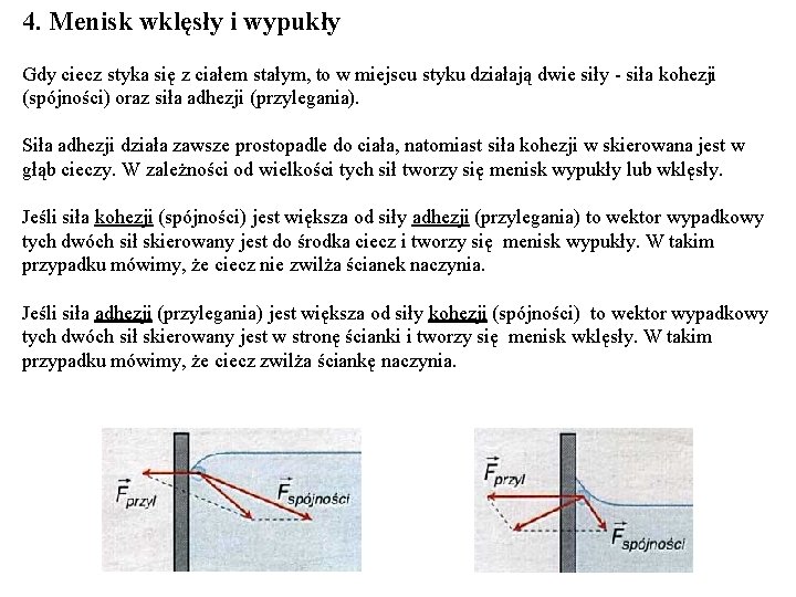 4. Menisk wklęsły i wypukły Gdy ciecz styka się z ciałem stałym, to w