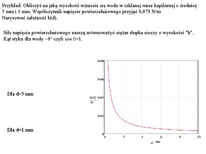 Przykład: Obliczyć na jaką wysokość wzniesie się woda w szklanej rurce kapilarnej o średnicy