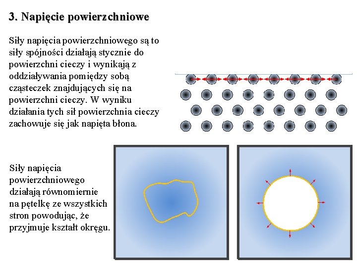 3. Napięcie powierzchniowe Siły napięcia powierzchniowego są to siły spójności działają stycznie do powierzchni