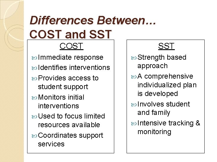 Differences Between… COST and SST COST Immediate response Identifies interventions Provides access to student