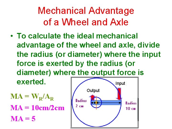 Mechanical Advantage of a Wheel and Axle • To calculate the ideal mechanical advantage Mechanical Advantage of a Wheel and Axle • To calculate the ideal mechanical advantage