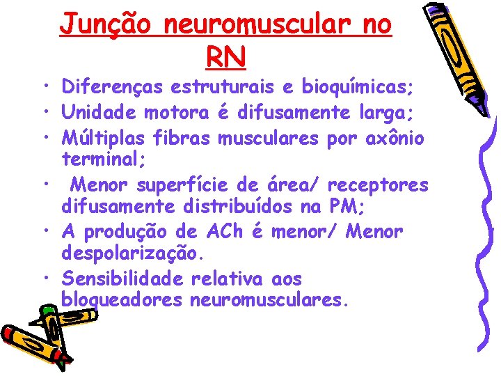 Junção neuromuscular no RN • Diferenças estruturais e bioquímicas; • Unidade motora é difusamente