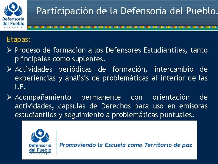 Participación de la Defensoría del Pueblo. Etapas: Ø Proceso de formación a los Defensores