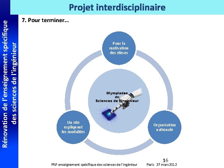 Rénovation de l’enseignement spécifique des sciences de l’ingénieur Projet interdisciplinaire 7. Pour terminer… Pour