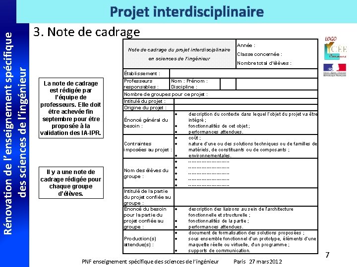 Rénovation de l’enseignement spécifique des sciences de l’ingénieur Projet interdisciplinaire 3. Note de cadrage