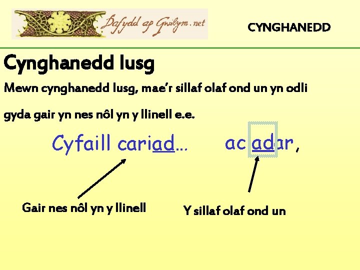 CYNGHANEDD Cynghanedd lusg Mewn cynghanedd lusg, mae’r sillaf ond un yn odli gyda gair CYNGHANEDD Cynghanedd lusg Mewn cynghanedd lusg, mae’r sillaf ond un yn odli gyda gair