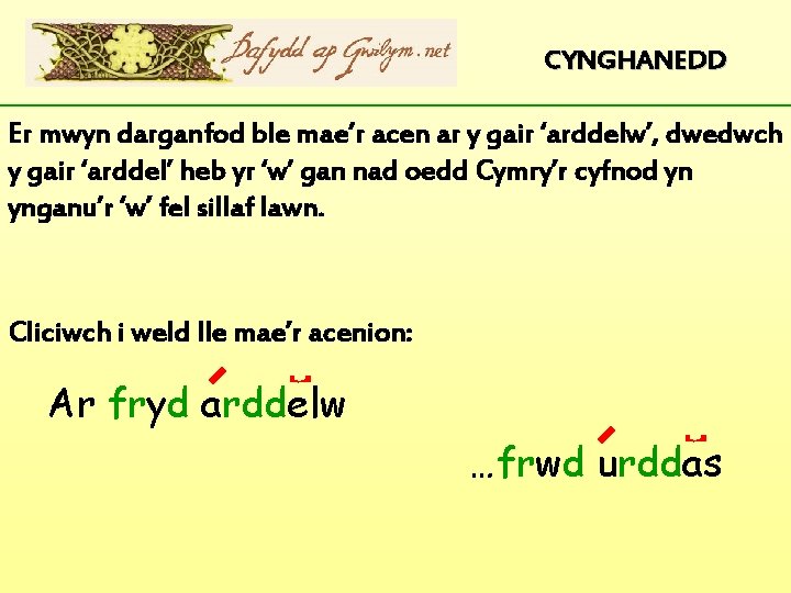 CYNGHANEDD Er mwyn darganfod ble mae’r acen ar y gair ‘arddelw’, dwedwch y gair