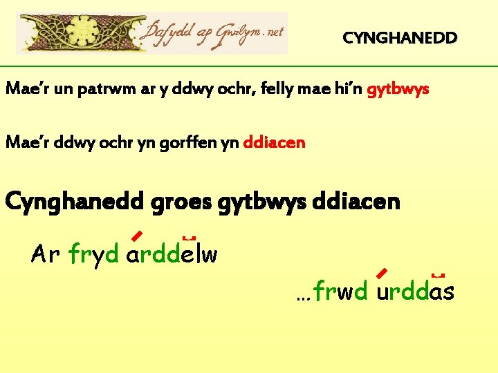 CYNGHANEDD Mae’r un patrwm ar y ddwy ochr, felly mae hi’n gytbwys Mae’r ddwy CYNGHANEDD Mae’r un patrwm ar y ddwy ochr, felly mae hi’n gytbwys Mae’r ddwy