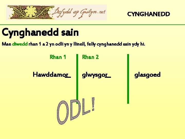 CYNGHANEDD Cynghanedd sain Mae diwedd rhan 1 a 2 yn odli yn y llinell,