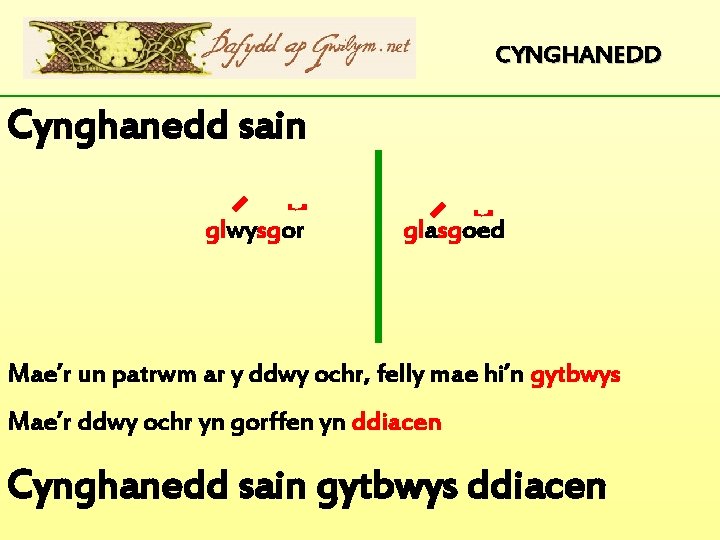 CYNGHANEDD Cynghanedd sain glwysgor glasgoed Mae’r un patrwm ar y ddwy ochr, felly mae