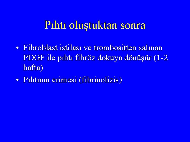 Pıhtı oluştuktan sonra • Fibroblast istilası ve trombositten salınan PDGF ile pıhtı fibröz dokuya