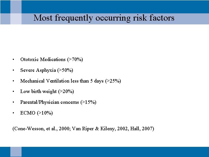 Most frequently occurring risk factors • Ototoxic Medications (>70%) • Severe Asphyxia (>50%) •