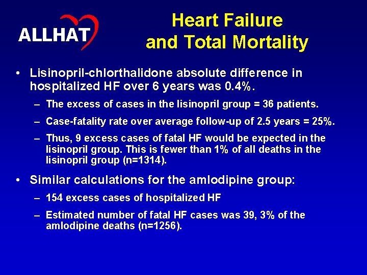 ALLHAT Heart Failure and Total Mortality • Lisinopril-chlorthalidone absolute difference in hospitalized HF over