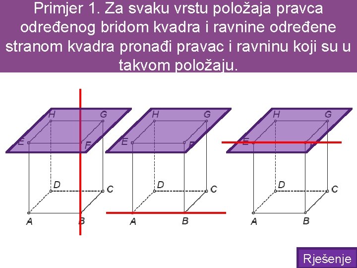 Primjer 1. Za svaku vrstu položaja pravca određenog bridom kvadra i ravnine određene stranom