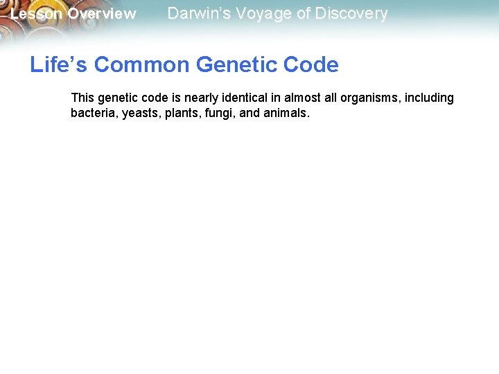 Lesson Overview Darwin’s Voyage of Discovery Life’s Common Genetic Code This genetic code is