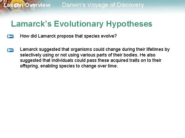 Lesson Overview Darwin’s Voyage of Discovery Lamarck’s Evolutionary Hypotheses How did Lamarck propose that