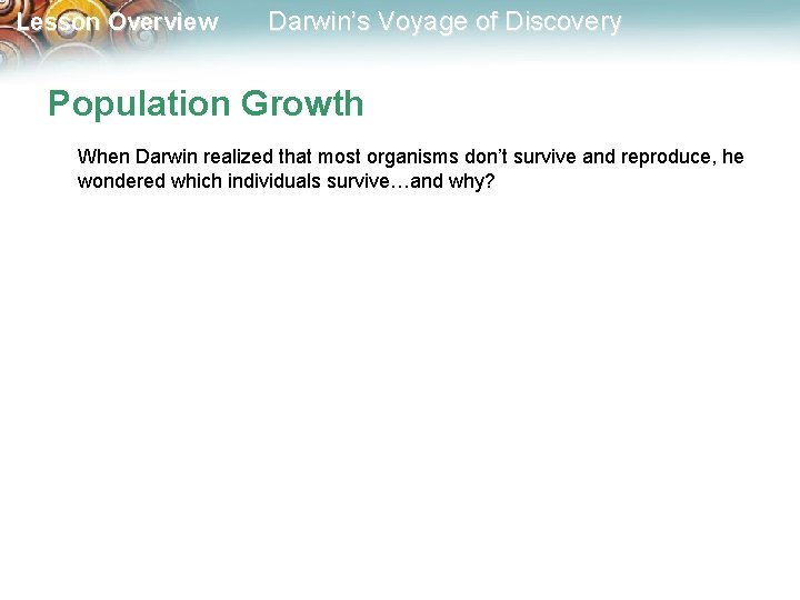 Lesson Overview Darwin’s Voyage of Discovery Population Growth When Darwin realized that most organisms