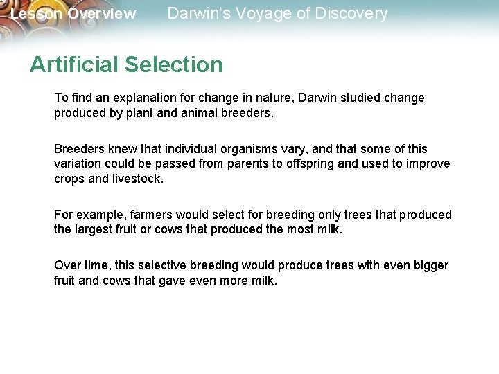 Lesson Overview Darwin’s Voyage of Discovery Artificial Selection To find an explanation for change