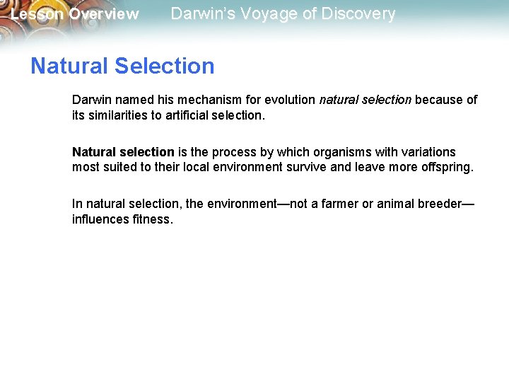 Lesson Overview Darwin’s Voyage of Discovery Natural Selection Darwin named his mechanism for evolution